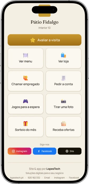 App do Pátio Fidalgo no telemóvel — ementa, chamar empregado, pedir a conta, jogos e mais